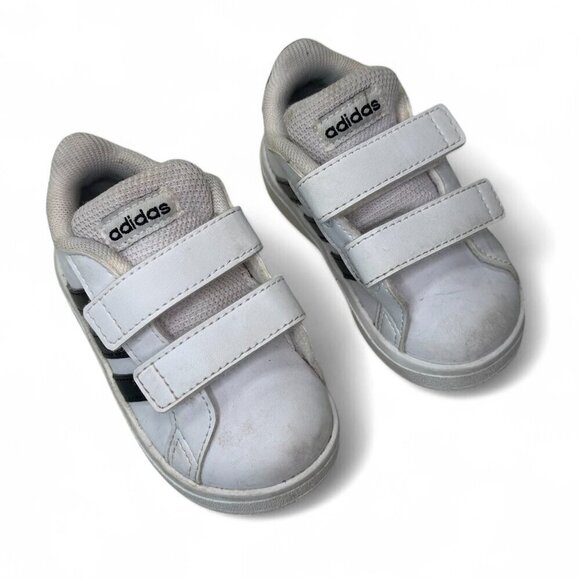 Addidas Toddler Grand Court 2.0 Adjustable Strap Sneakers Size 5 White w Black - Picture 3 of 11